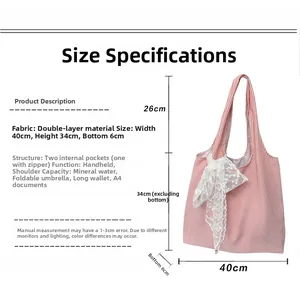 Size chart for red striped canvas tote bag with lace bow showing dimensions 40x34x6cm