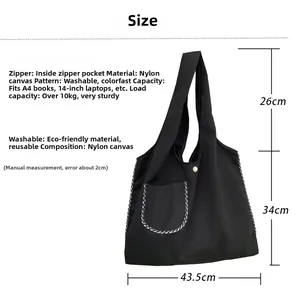 Size chart for large nylon tote bag showing dimensions and load capacity details