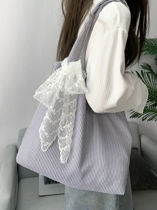 Women Striped Seersucker Tote Bag Large Capacity Shoulder Handbag With Lace Bow Decoration Sweet Korean Style Daily Bag