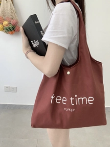 Large red canvas tote bag with white free time coffee letter print for daily commute