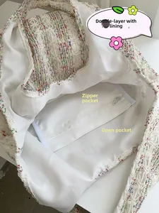 Detailed interior of knit canvas tote showing double lining with zipper and open pockets