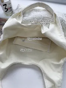 Intérieur détaillé d'un sac cabas en dentelle blanche et toile avec poche zippée