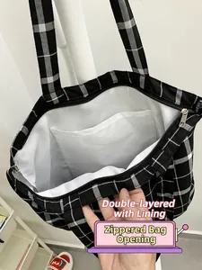 Grand sac cabas en toile à carreaux noir et blanc avec doublure double et fermeture éclair