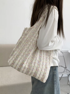 Neon woven canvas tote bag for women with large capacity and stylish knit shoulder strap