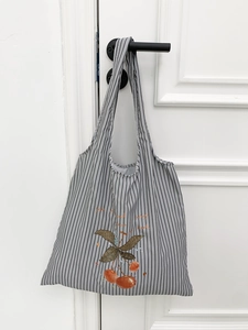 Minimalist grey striped canvas tote bag with hand-drawn cherry print and large capacity