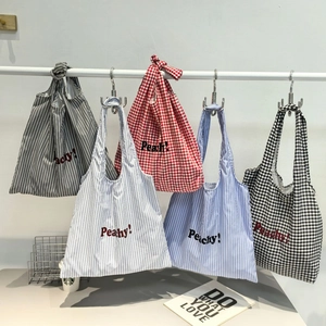 Striped nylon tote bags with Peachy print, large capacity foldable shoulder bags for women