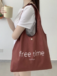 Women Large Capacity Canvas Tote Bag Letter Print Free Time Coffee Retro Red Brown Minimalist Commuter Shoulder Bag