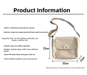 Canvas crossbody bag detail showing 30x23x10cm size and adjustable 5cm wide shoulder strap