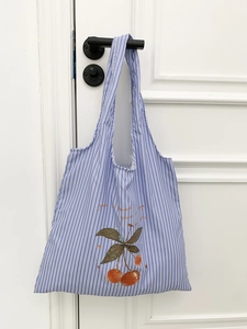 Striped Canvas Tote Bag Large Capacity Cherry Print Shoulder Bag Japanese Aesthetic Casual Shopping Handbag For Women