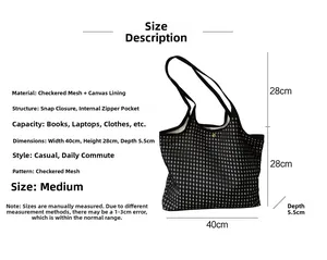 Size chart showing dimensions 40x28cm for the checkered canvas tote bag with inner lining