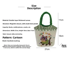 Canvas tote bag size guide showing dimensions 27x18x13cm with internal pocket layout