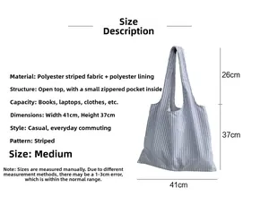 Guide des tailles du sac cabas rayé indiquant largeur 41cm, hauteur 37cm et bandoulière 26cm