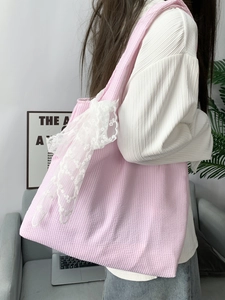 Sweet pink and white striped canvas tote bag with lace trim and bow knot detail