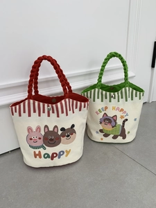 Cute Cartoon Animal Canvas Handbag With Woven Rope Handle Portable Small Tote Bag Casual Lunch Bag For Women