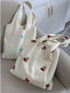 Women Embroidered Tote Bag Large Capacity Floral Cherry Pattern Canvas Shoulder Handbag Ins Style Commuter School