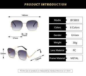 Detailed size chart and specifications for oversized metal frame sunglasses with dimensions