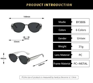 Size chart for oval vintage sunglasses with frame measurements and PC metal material info