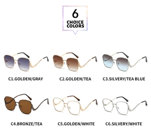 Detail view of stylish oversized metal sunglasses with curved temples in six color options