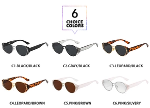 Detail view of oval retro sunglasses showing six color variations and stylish large frames