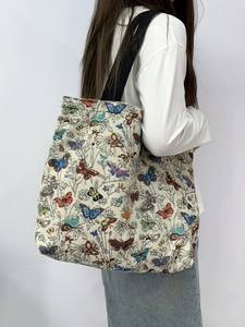 Monet style floral tote bag with butterfly jacquard pattern and large capacity