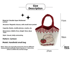 Size chart showing canvas bucket bag dimensions 27x18x13cm with red handles