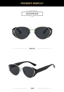Detail view of oval cat-eye sunglasses with golden H-metal temple hinge design