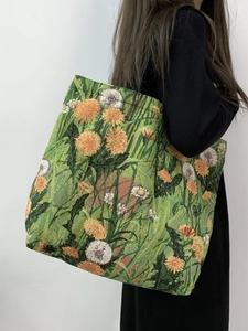 Floral jacquard tote bag with blue sunflower oil painting print for commute