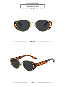 Detailed views of leopard print temple gold frames and dark lenses for sunglasses