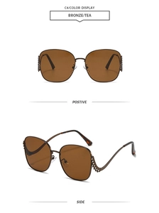 Front and side view of oversized butterfly sunglasses with crystal metal temples