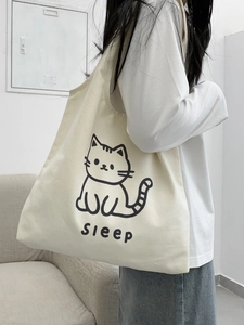 Grand sac cabas en toile crème avec imprimé chat mignon et inscription Sleep pour femmes