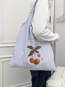 Striped canvas tote bag with cherry print and large capacity for casual shoulder use