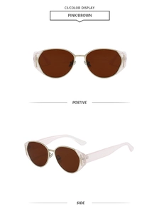 Front and side views of vintage oval sunglasses in gold metal and pink frames