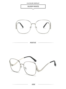 Detail of silver oversized sunglasses with rhinestone temples in front and side views