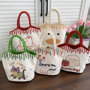 Cartoon Printed Canvas Bucket Handbag Cute Kawaii Small Tote Bag With Woven Rope Handle For Daily Outing
