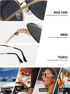 Detail view of wavy metal hinges and nose pads on oversized round sun glasses