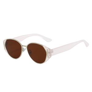 Retro oval sunglasses with light pink frame, brown lenses and gold metal accents