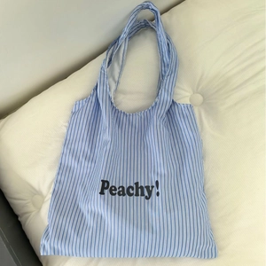 Blue and white striped nylon tote bag with Peachy! print and large capacity