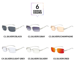 Detail view of rimless star sunglasses in six colors including gray and champagne
