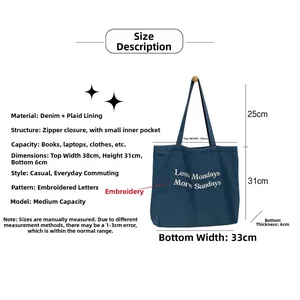 Size chart showing denim tote bag dimensions 38x31x6cm with embroidery details