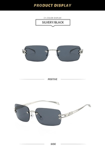 Detail of Y2K rimless rectangle sunglasses with star metal accents and silver frames