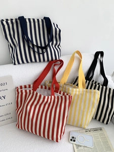 Large Capacity Stripe Canvas Tote Bag Women Shoulder Shopping Handbag With Zipper Herringbone Pattern Vintage Style