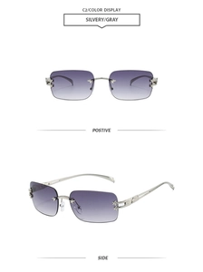 Detailed front and side views of rimless star sunglasses with gradient purple lenses