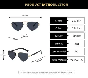 Detailed size specifications for rimless double bridge aviator polygon sunglasses