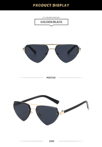 Detailed front and side views of rimless heart-shaped sunglasses with golden metal frame