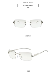 Detail of rimless star sunglasses with silver metal temples and millennium style aesthetic