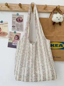 Knitted Woven Tote Bag Women Large Capacity Multicolor Striped Hollow Out Crochet Shoulder Handbag Casual Boho Style