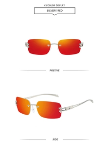 Detail of rimless star sunglasses with silver metal temples and red gradient lenses