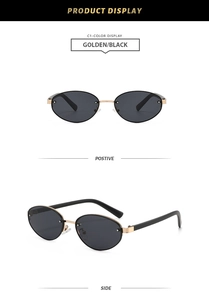 Vues de face et de côté de lunettes de soleil ovales sans monture avec détails dorés