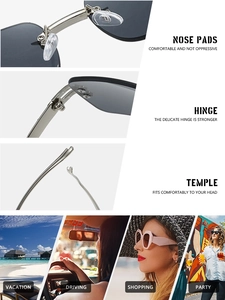Detail of silver frameless sunglasses featuring star trim, silicone pads and metal hinges