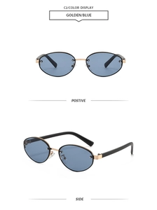 Détails de lunettes de soleil ovales rétro avec monture dorée et verres bleu clair